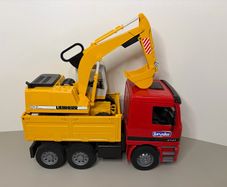 Vintage 2001 Bruder Mercedes Actros 4143 Tipping Truck with Liebherr Rotating Excavator