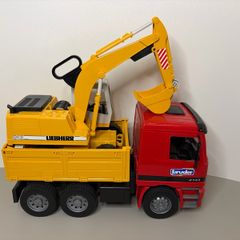 Vintage 2001 Bruder Mercedes Actros 4143 Tipping Truck with Liebherr Rotating Excavator