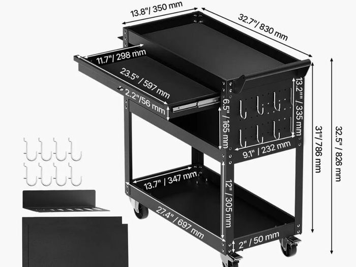 4-Tier Tool Cart with Wheels, 350 lbs Load Capacity, Rolling Work Cart with Drawer & Pegboard, Mechanic Tool Storage Organizer with Locking System for Garage, Warehouse and Repair Shop, Black