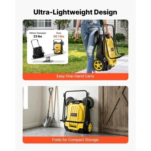 Walk-Behind Hand Push Floor Sweeper, Manual Floor Sweeper Non-Electric with 650mm Sweeping Width, 18.9L Waste Container & Adjustable Folding Handle for Yards Walkways Patios Garages - Yellow