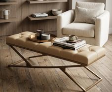 Luxury Chesterfield Bench  Gold Frame & White Tufted Upholstery 140cm