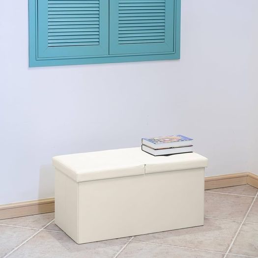 NEW SALE | Folding Storage Ottoman Bench with Flipping Lid, Entryway Bench with Padded Seat,White Faux Leather Ottoman for Bedroom,76x38x38cm