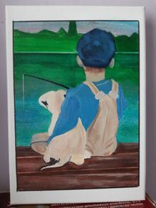 Acrylic Painting of young boy with puppy