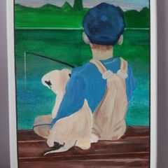 Acrylic Painting of young boy with puppy