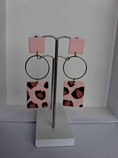 Pastel Pink Leopard Print Geometric Earrings