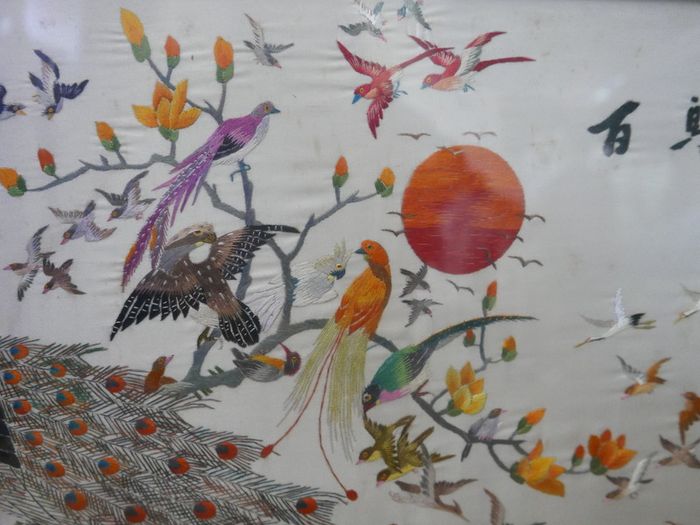 Antique Early 20c Chinese Silk Embroidery Birds Panel Framed - 23"x14"