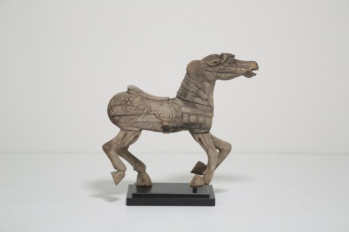 19th Century Antique Carved Wood Carnival Carousel Horse on Plinth