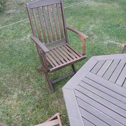 Garden table and chairs, parasol and cushions