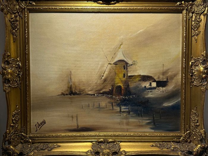 J Owens signed original oil painting - misty windmill scene, ornate gilt frame