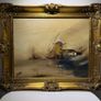J Owens signed original oil painting - misty windmill scene, ornate gilt frame Image 7