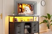 110cm TV Stand, TV Cabinet with Power Outlets &amp; LED Light, 4 Fabric Drawers TV Unit for TVs Up to 55 inch, Entertainment Center for Living Room, Bedroom, Black