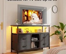 110cm TV Stand, TV Cabinet with Power Outlets & LED Light, 4 Fabric Drawers TV Unit for TVs Up to 55 inch, Entertainment Center for Living Room, Bedroom, Black