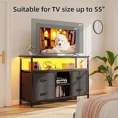 110cm TV Stand, TV Cabinet with Power Outlets & LED Light, 4 Fabric Drawers TV Unit for TVs Up to 55 inch, Entertainment Center for Living Room, Bedroom, Black