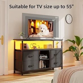 110cm TV Stand, TV Cabinet with Power Outlets & LED Light, 4 Fabric Drawers TV Unit for TVs Up to 55 inch, Entertainment Center for Living Room, Bedroom, Black