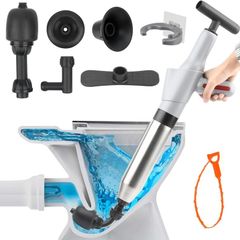 Toilet Unblocker Set, High Pressure Toilet Plunger with Visual Barometer, Holder and 4 Replaceable Heads, Heavy Duty Toilet Plunger Kit for Unblocking Toilet Bathtub Sink Kitchen and Pipe Clog