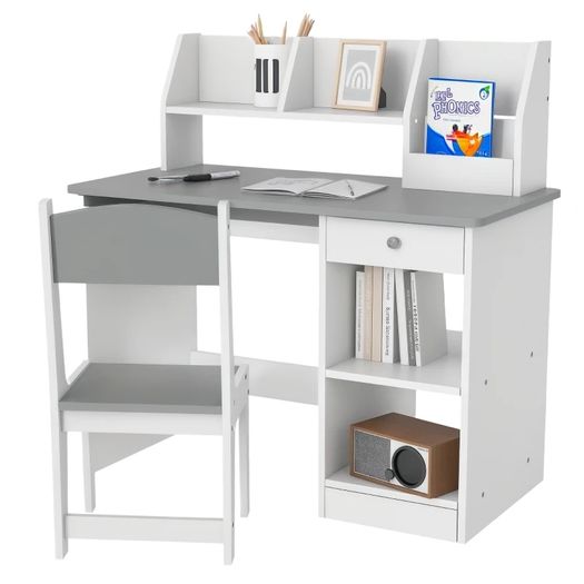 Two-Piece Kids Desk and Chair Set with Storage, for Ages 5-8 Years - Grey