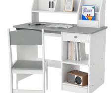 Two-Piece Kids Desk and Chair Set with Storage, for Ages 5-8 Years - Grey