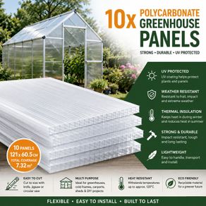 10 x Double Wall Sheets, 6 mm, Can Be Cut to Size, 121 x 60.5 cm, Polycarbonate UV-Resistant, Clear, Twin-Wall Panels, Greenhouse Panels, Multi-Wall Sheets