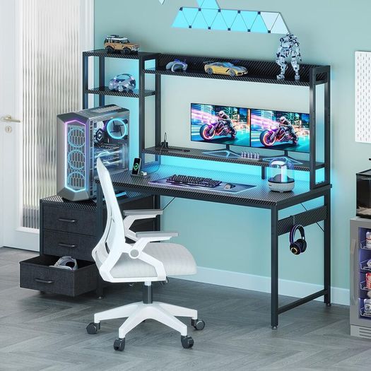 Gaming Desk with Drawers Display Shelves 120x48 cm Computer LED Lights Sockets Reversible PC Table Monitor Stand Carbon Fiber Black