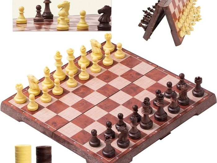 Chess Set and Draughts, 2 IN 1 Folding Chess Board Set, Magnetic Chess Pieces, Portable Travel Chess Set Board Games, Educational Toys Gifts for Adults, 31x31cm