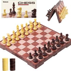 Chess Set and Draughts, 2 IN 1 Folding Chess Board Set, Magnetic Chess Pieces, Portable Travel Chess Set Board Games, Educational Toys Gifts for Adults, 31x31cm