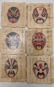 Vintage Chinese Opera Mask Bamboo Coasters Set of 6 with matching wood holder