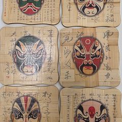 Vintage Chinese Opera Mask Bamboo Coasters Set of 6 with matching wood holder