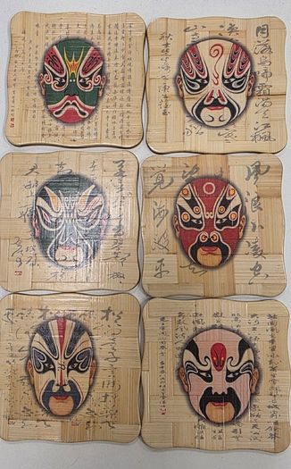 Vintage Chinese Opera Mask Bamboo Coasters Set of 6 with matching wood holder