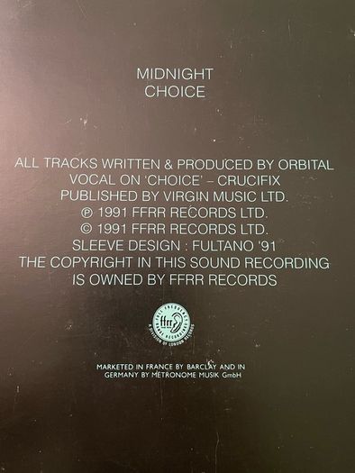 Orbital - Midnight / Choice - 12" Vinyl Single - 1991 FFRR Records