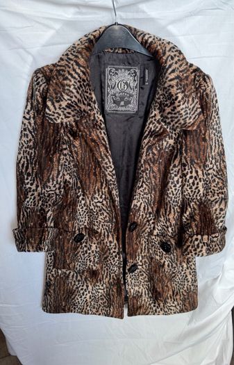 Guess M Leopard Animal Print Half Sleeve Faux Fur Coat Jacket Size M Vontage