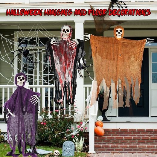 Halloween Decorations Outdoor, 3 Packs Halloween Skull Decorations, Hanging Skeleton Halloween Decorations Insertable Flying Ghost Halloween Indoor Decorations for Haunted House Garden