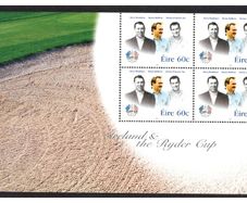 2005 Ireland Ireland and The Ryder Cup Commemorative Stamp Booklet Pane featuring Harry Bradshasw, Ronan Rafferty & Christy O'Connor Snr Mint Never Hinged (MNH). Hibernian HP160