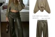 Fab Zara High Waist Khaki Green Faux Leather Straight Wide Leg Trousers   Size L UK 14 Runs big