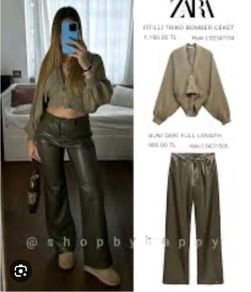 Fab Zara High Waist Khaki Green Faux Leather Straight Wide Leg Trousers   Size L UK 14 Runs big