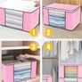 90L Large Capacity Clothes Storage Bags with Zips, Storage Boxes with Lids, Reinforced Handle, Foldable, Thick Fabric, for Comforters, Clothes, Blankets, Bedding, 6 Pack, Pink Image 4