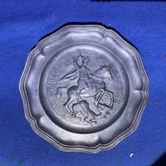 Heavy pewter decorative plate, St. George and the dragon.