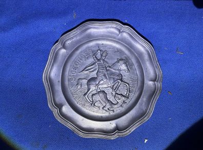 Heavy pewter decorative plate, St. George and the dragon.