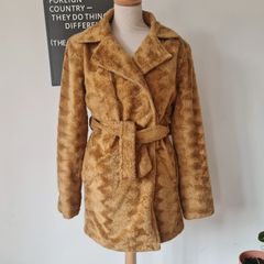 Vintage 1980s 1990s chenille teddy camel colour coat M L glamorous special occasion