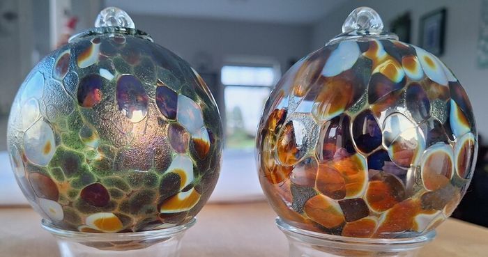 Amber, Green, Maroon and White Marbled Iridescent Decorative Glass Globe Hanging Ornaments