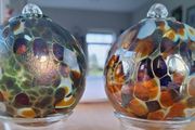 Amber, Green, Maroon and White Marbled Iridescent Decorative Glass Globe Hanging Ornaments