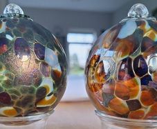Amber, Green, Maroon and White Marbled Iridescent Decorative Glass Globe Hanging Ornaments