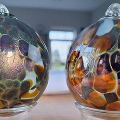 Amber, Green, Maroon and White Marbled Iridescent Decorative Glass Globe Hanging Ornaments