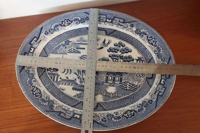 Beautiful Antique Blue and White Transferware Willow Pattern Large Oval Platter, Unknown Maker, Probably Staffordshire-Made