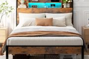 4ft6 Double Bed Frame with Storage Wooden Headboard | LED Light &amp; Charging Station, Platform Metal Bed Frame Double with Underbed Storage