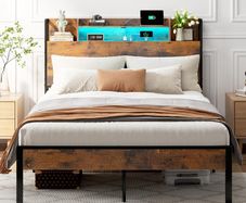 4ft6 Double Bed Frame with Storage Wooden Headboard | LED Light & Charging Station, Platform Metal Bed Frame Double with Underbed Storage