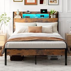 4ft6 Double Bed Frame with Storage Wooden Headboard | LED Light & Charging Station, Platform Metal Bed Frame Double with Underbed Storage