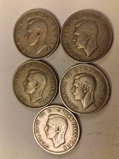 Five English 2 Shilling Coins 1948 to 1951