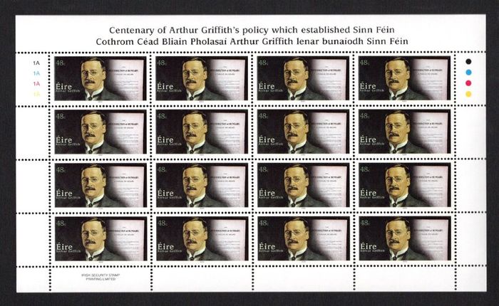2005 Ireland Centenary of Arthur Griffith's Essays (which established Sinn Fein) Commemorative Stamp Sheetlet Plate 1A1A1A1A Mint Never Hinged (MNH)