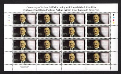 2005 Ireland Centenary of Arthur Griffith's Essays (which established Sinn Fein) Commemorative Stamp Sheetlet Plate 1A1A1A1A Mint Never Hinged (MNH)