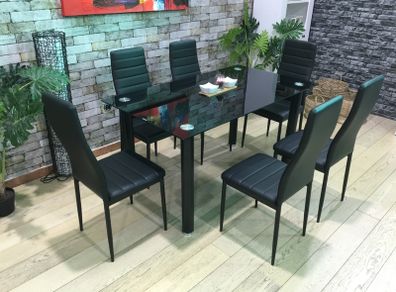 Modern Glass Dining Table Set Seats 6, black